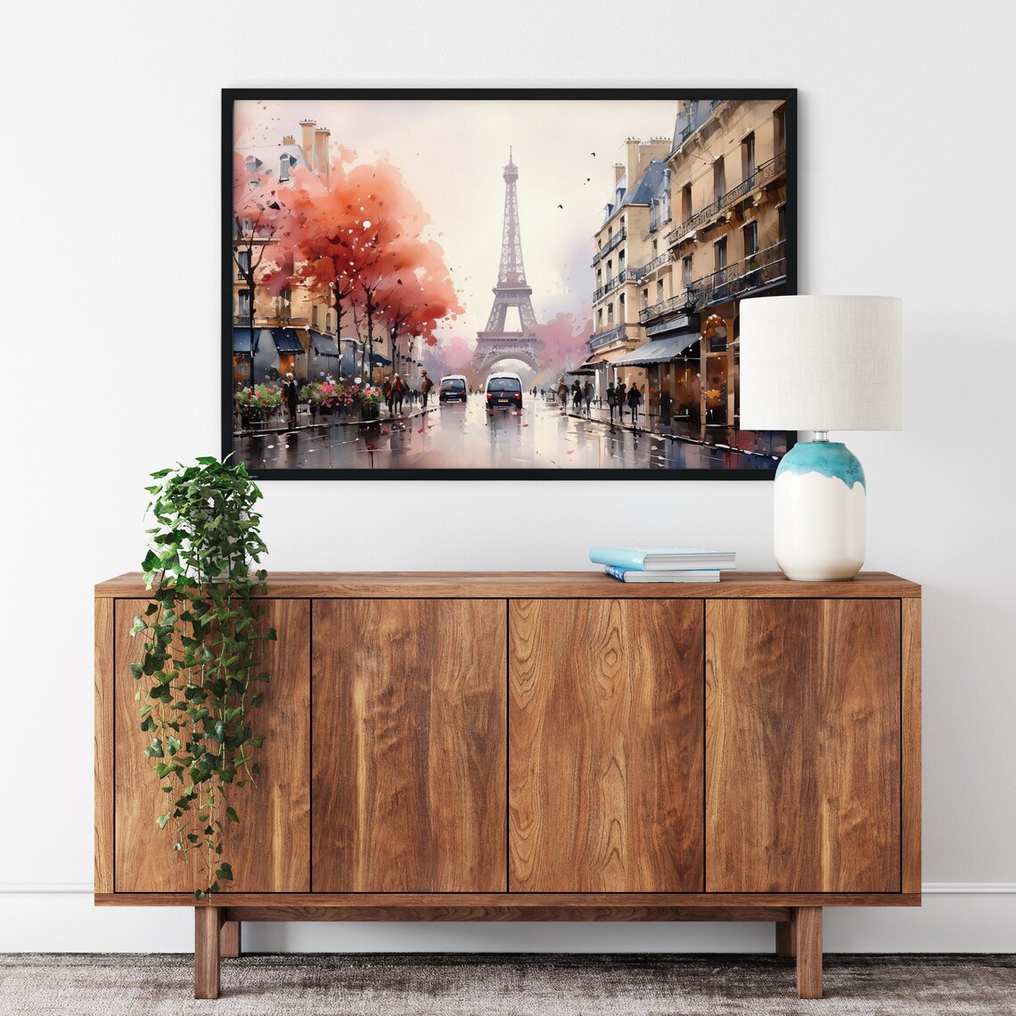 Paris Eiffel Tower Watercolor Rainy Street Autumn Trees Art Poster - Image 4