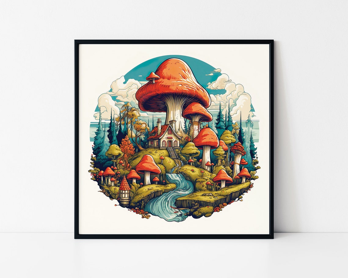 Mushroom Village Whimsical Red Caps Fantasy Forest House Poster
