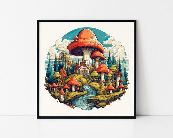 Illustration Of A Mushrooms Village Framed Poster Magic Mushrooms Village Poster Wall Art Trippy Mushrooms Poster Wall Hanging Poster
