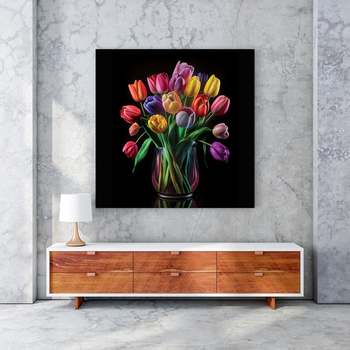 Colorful Tulip Bouquet Glass Vase Dark Moody Floral Still Life Poster - Image 4