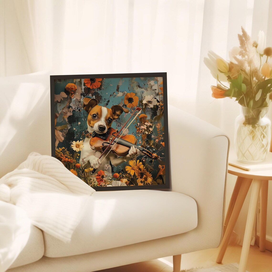Dog Violin Flowers Jack Russell Musical Puppy Vintage Art Poster - Image 5