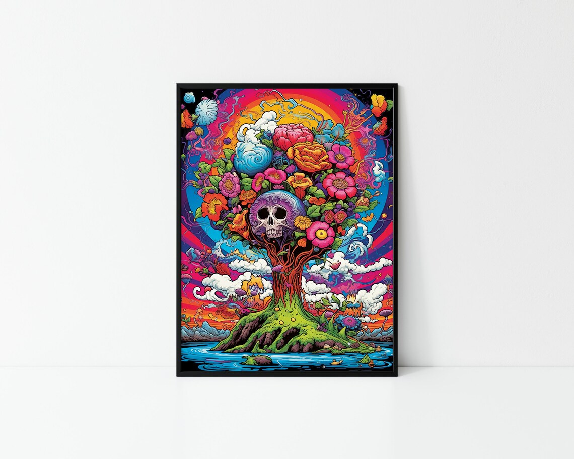 Psychedelic Tree of Life Skull Flowers Trippy Nature Spirit Poster