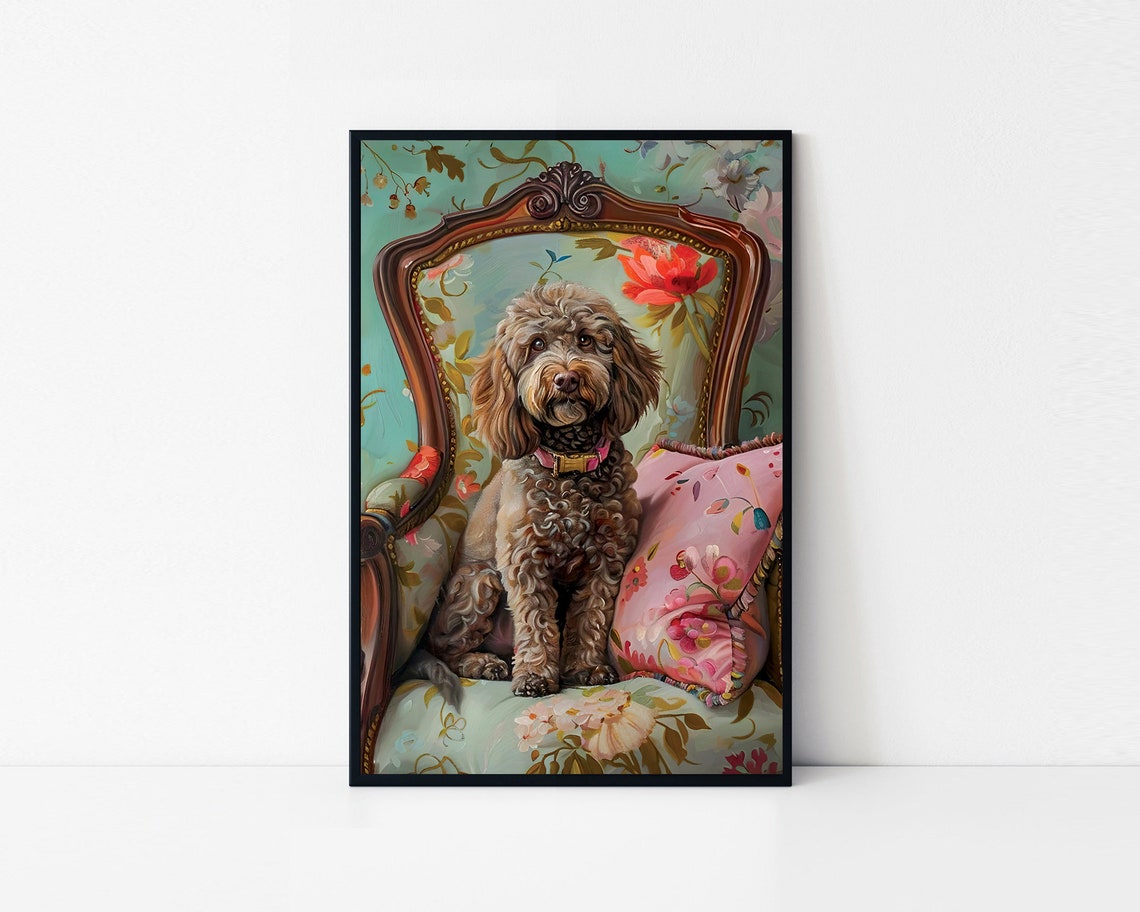 Elegant Labradoodle Sitting On An Antique Chair In Oil Painting Style Framed Poster Elegant Dog Portrait Dog Wall Art Dog Lover Gift
