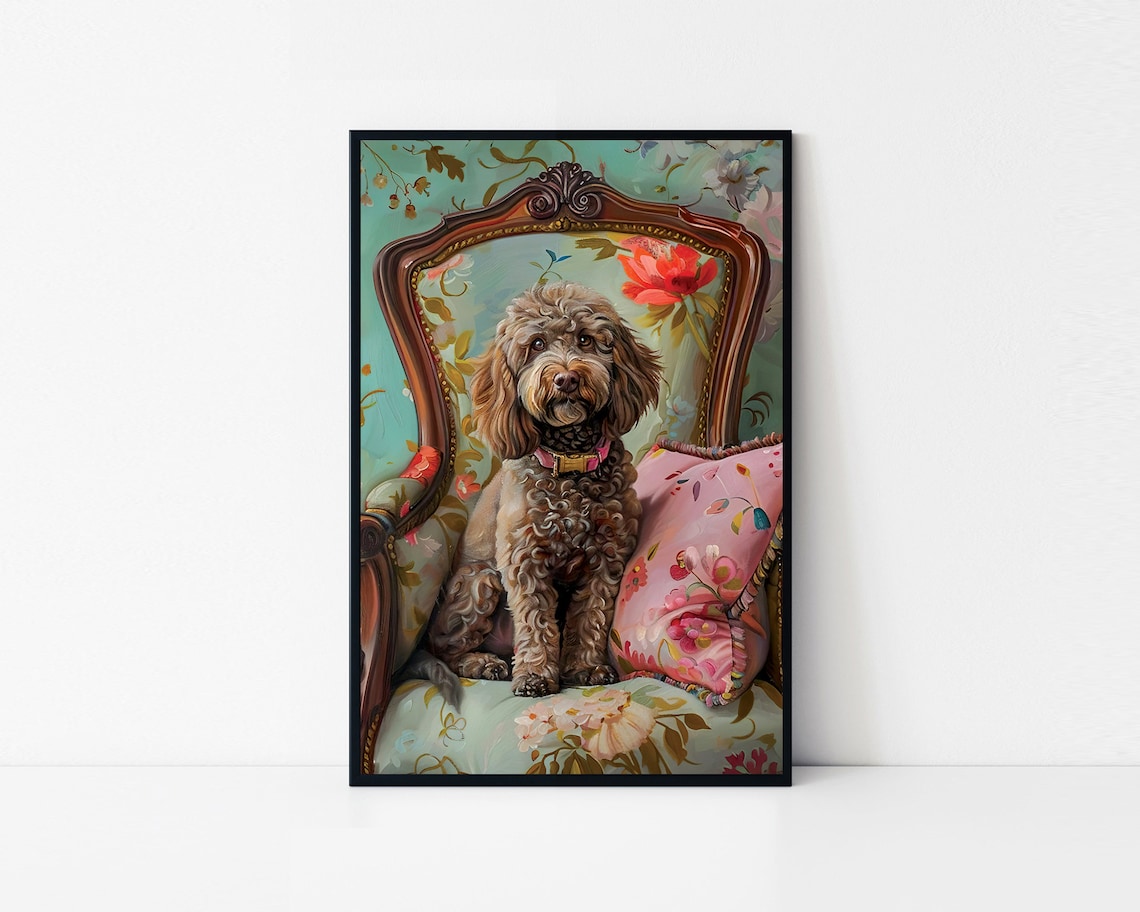 Labradoodle Antique Chair Oil Painting Elegant Poodle Dog Poster
