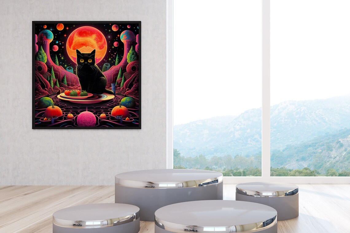 Black Cat Cosmic Planet Psychedelic Trippy Space Fantasy Art Poster - Image 3