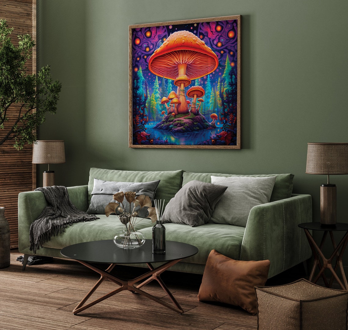 Giant Psychedelic Mushrooms On A Lake Island Fantasy Nature Poster - Image 2