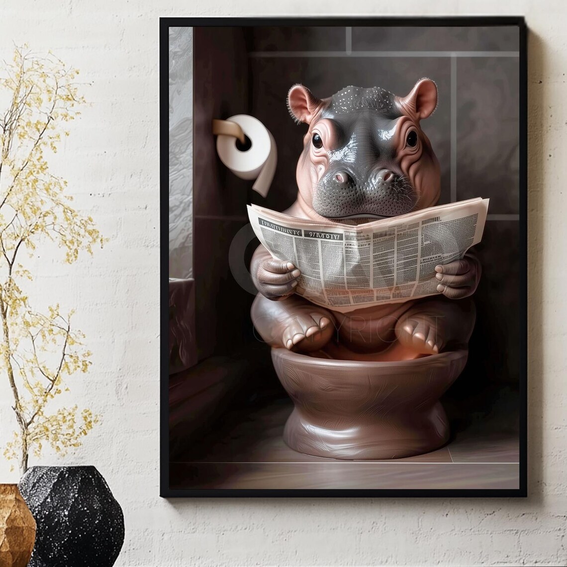 Hippopotamus Calf Reading Newspaper, Toilet Scene