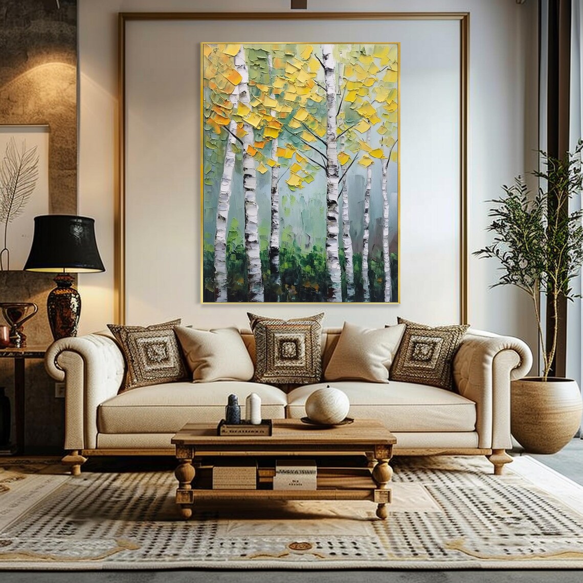 Hand Painted Birch Forest Original Thick Texture 3d Palette Knife Oil On Modern Impressionist Home Wall Hanging Living Room Decor - Image 2