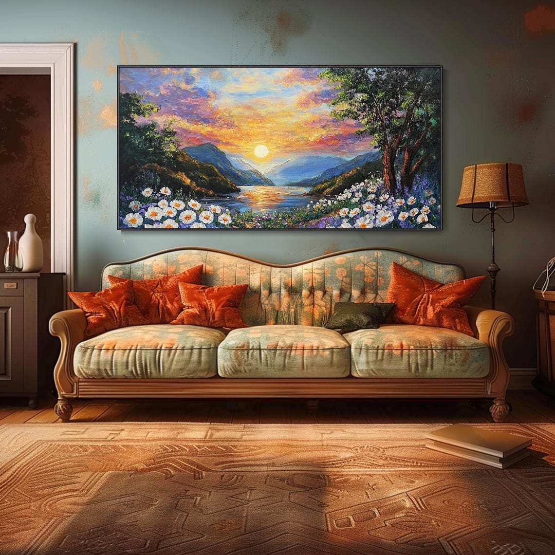 Sunset Mountain Lake Daisy Wildflowers Impasto Oil Painting Wall Art - Image 4