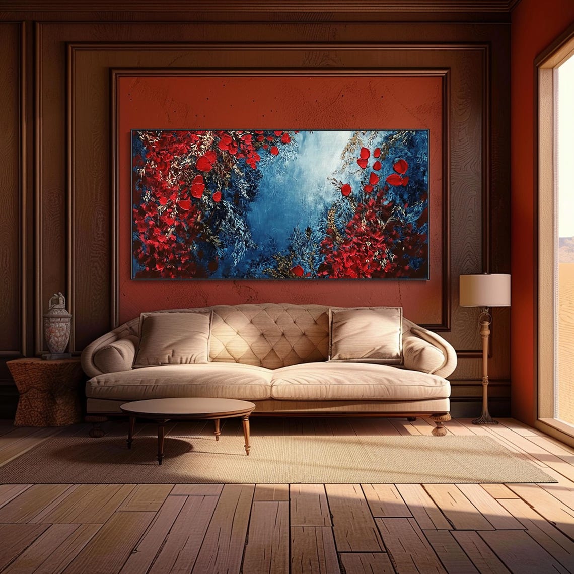 Red Rose Petals Deep Blue Abstract Romantic Oil Painting Wall Art - Image 3