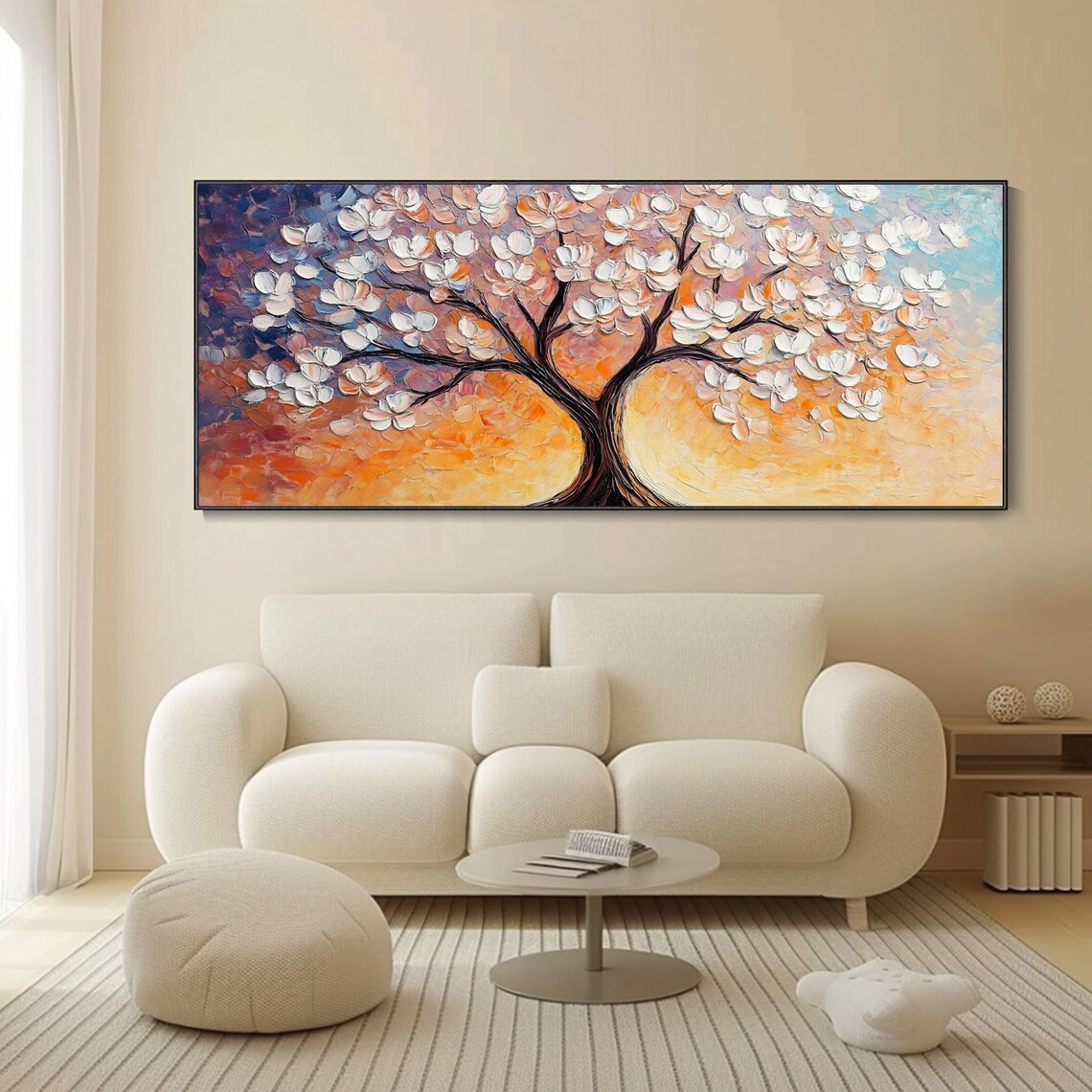 White Blossom Tree Sunset Orange Sky Textured Oil Painting Wall Art - Image 5