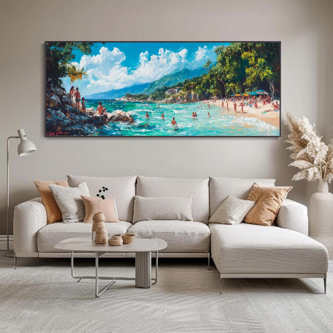 Sunny Beach Crowd Swimming Turquoise Water Coastal Seascape Wall Art - Image 4