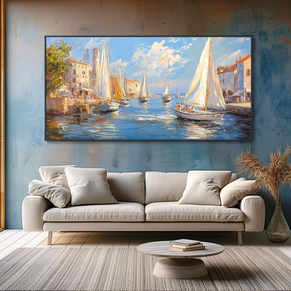 Mediterranean Harbor Sailboats White Buildings Seascape Wall Art - Image 5