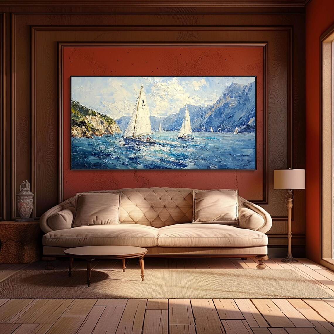 White Sailboats Blue Sea Mountain Coast Oil Painting Textured Seascape Poster - Image 5
