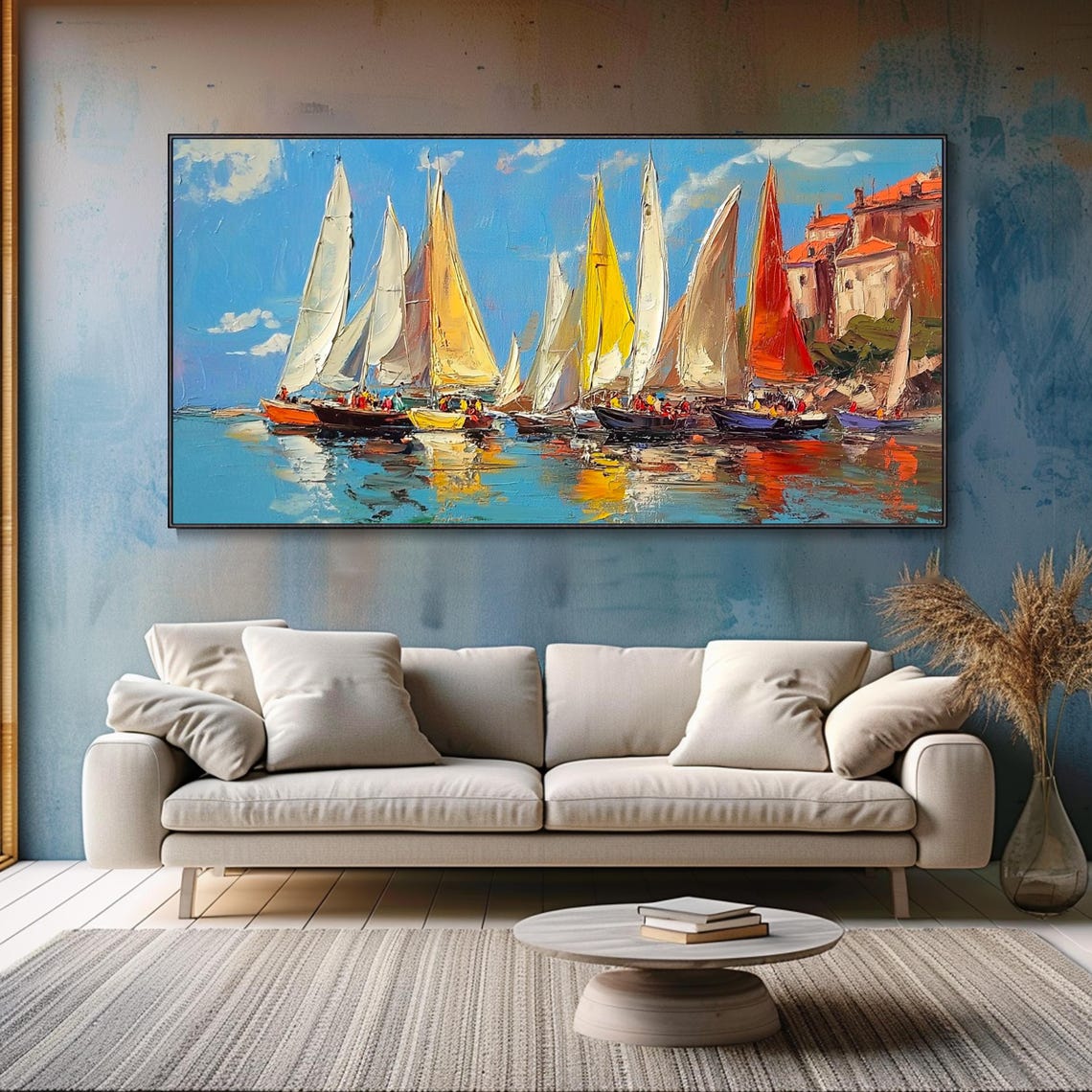 Impressionist Sailboat Regatta Harbor Colorful Sails Seascape Wall Art - Image 4