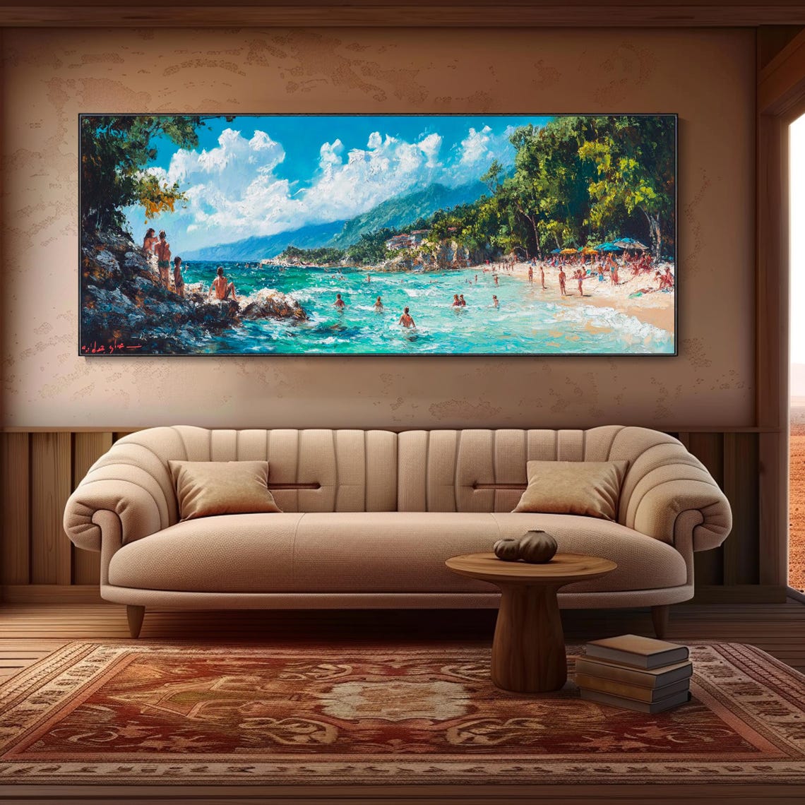 Sunny Beach Crowd Swimming Turquoise Water Coastal Seascape Wall Art - Image 2