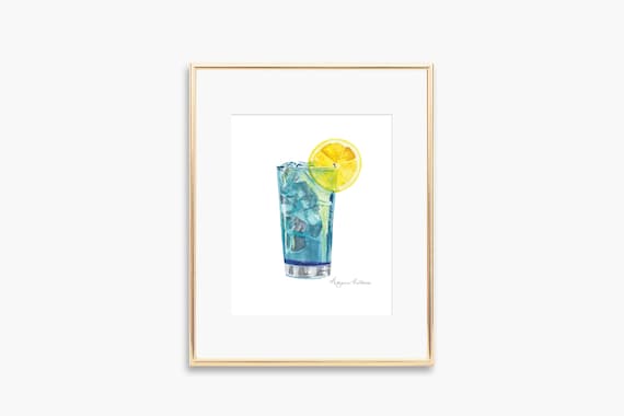 Blue Cocktail Watercolor Lemon Slice Drink Bar Decor Gift Poster