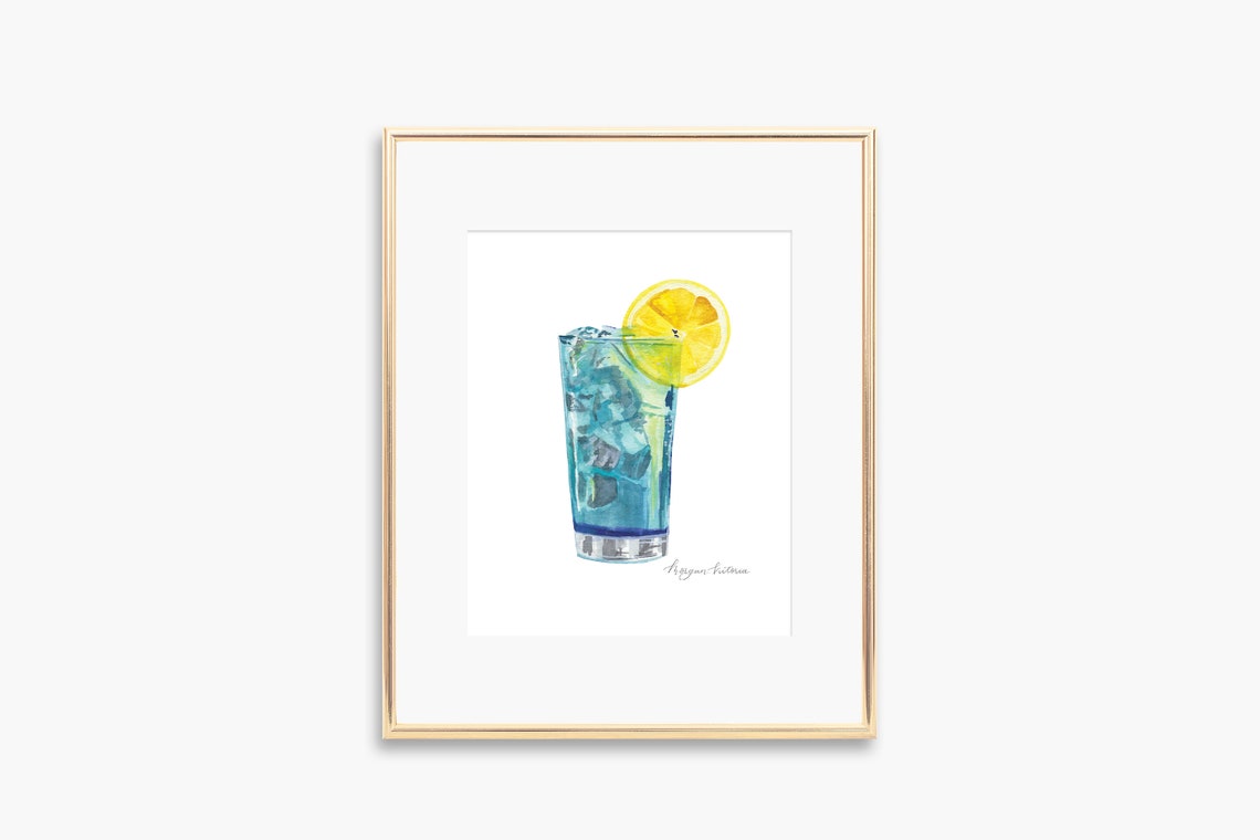 Blue Cocktail Watercolor Lemon Slice Drink Bar Decor Gift Poster