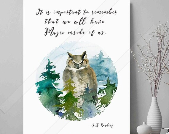 J K Rowling Magic Inside Of Us Owl Watercolor Forest Quote Poster