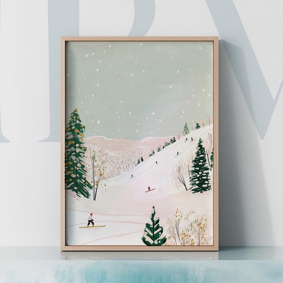 Winter Skiing Landscape Art Print Cozy Snowy Mountain Scene Minimalist Holiday Decor Gift For Ski Lovers