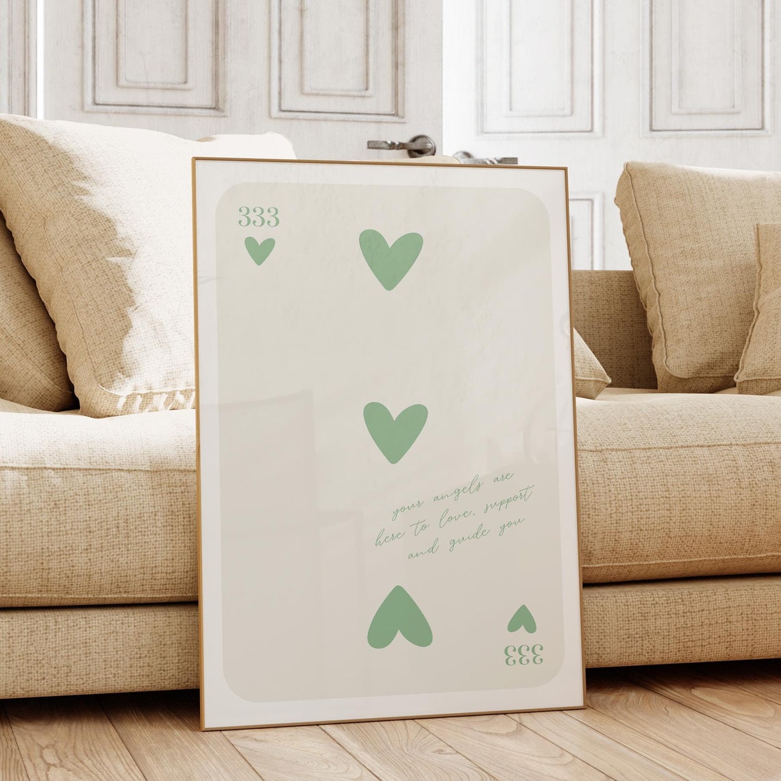 Angel Number 333 Sage Green Hearts Playing Card Affirmation Poster