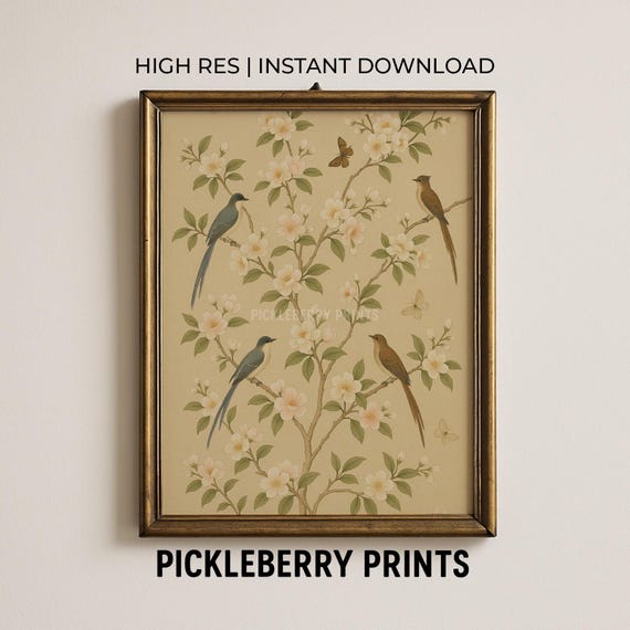 Chinoiserie Wall Art Vintage Birds And Flowers Print Instant Botanical Home Decor Nature