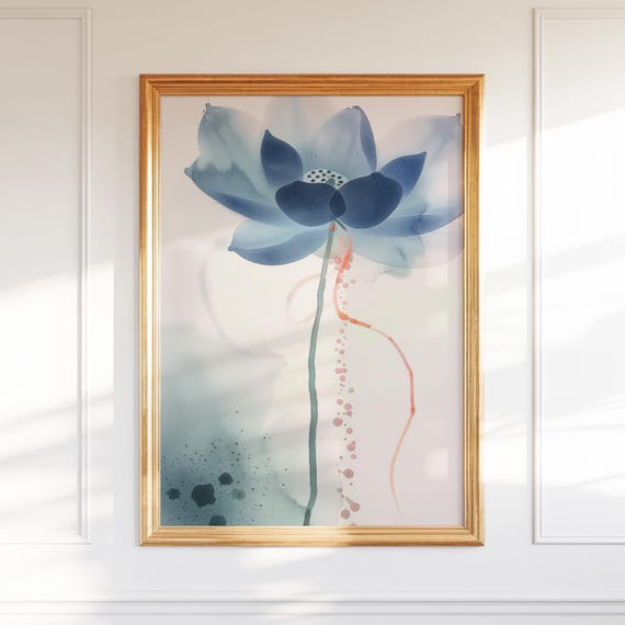 Blue Flower Wall Art Minimalist Zen Watercolor Floral Painting Modern Botanical For Tranquil Decor