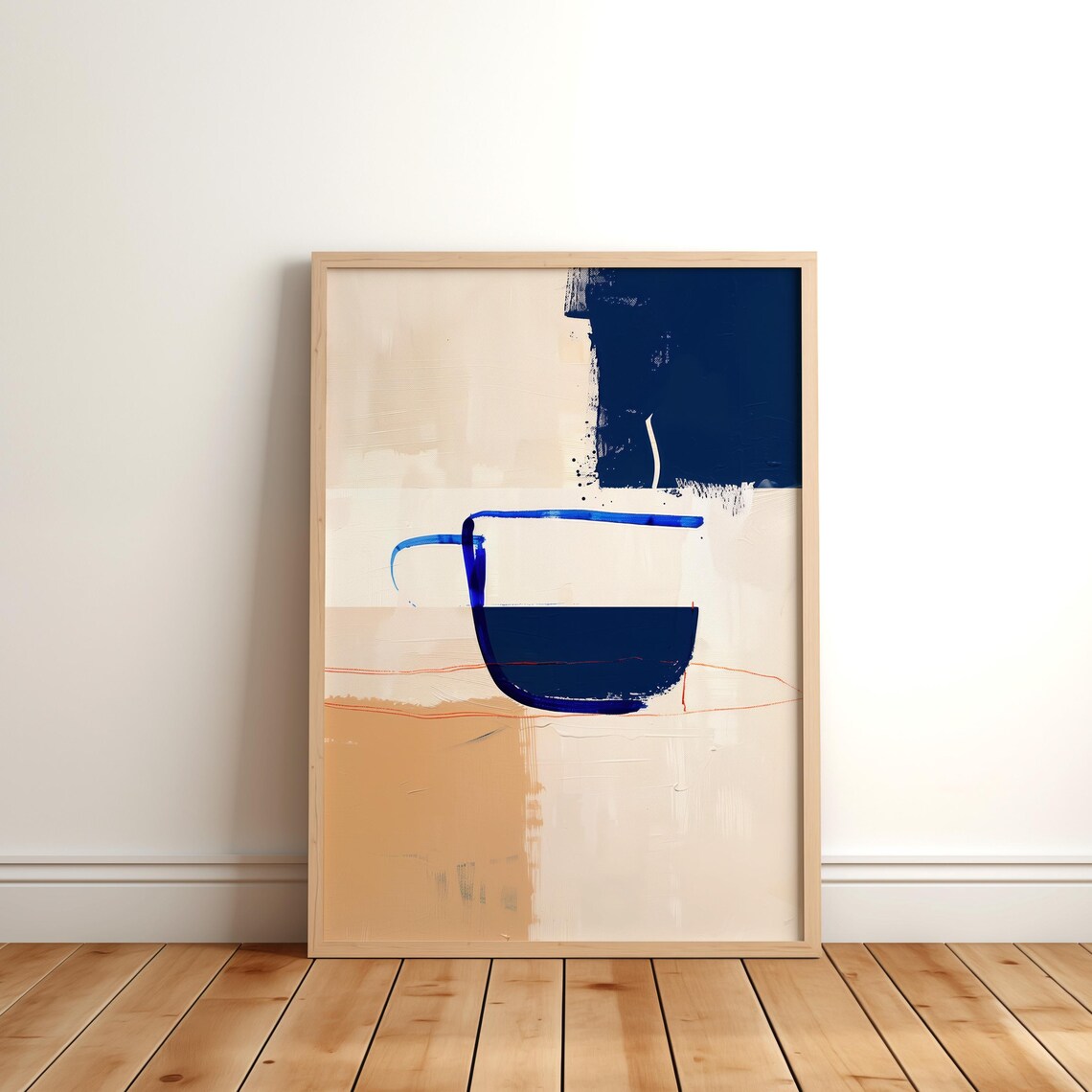 Navy Blue Minimal Coffee Cup Art Print, Abstract