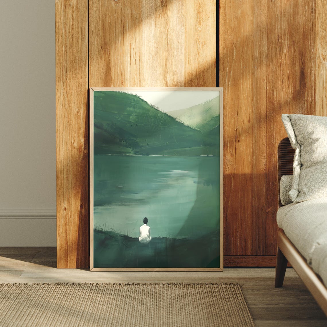 Solitude Lake Wall Art Minimal Landscape Poster Meditative Green Nature Abstract Calm Reflection Artwork