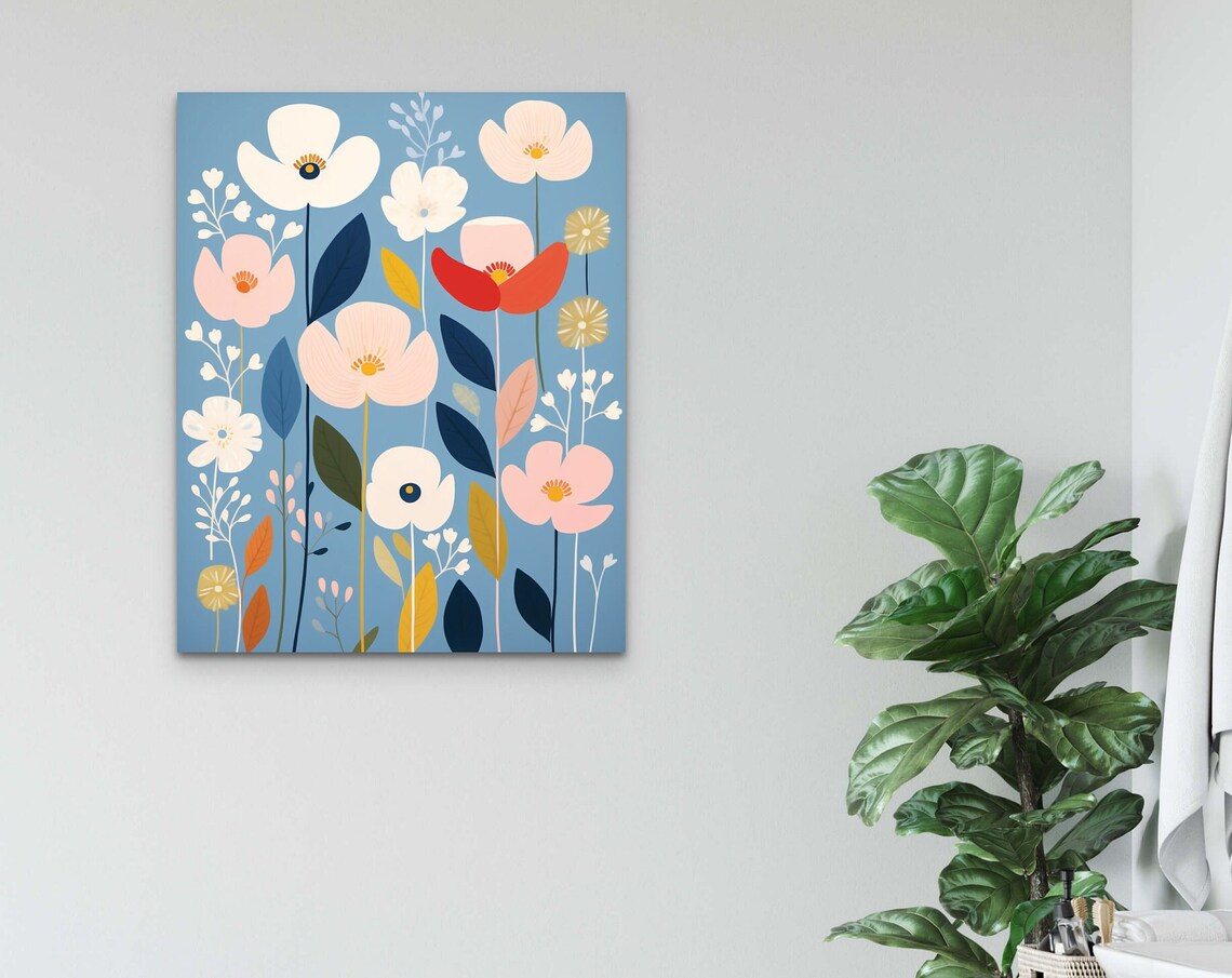 Whimsical Poppy Flowers On Blue Background Floral Art Poster