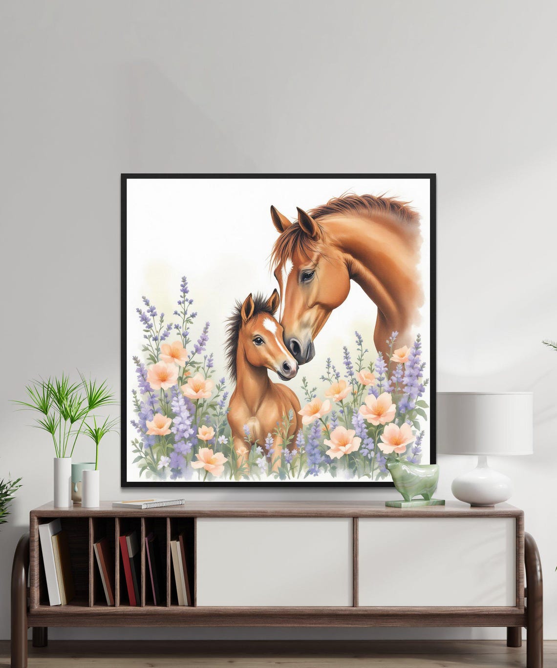 Horse and Foal in a Field of Wildflowers Watercolor Nursery Poster