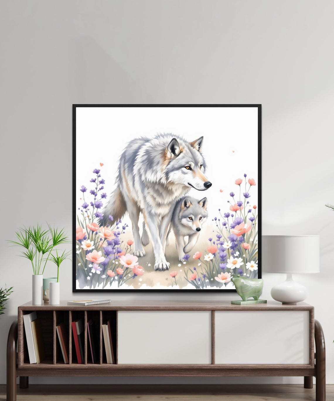 Gray Wolf and Pup in a Wildflower Meadow Watercolor Animal Poster - Image 2