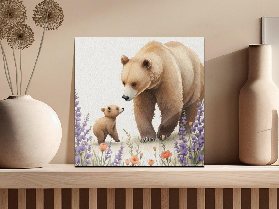 Mother Bear and Cub Among Lavender Watercolor Nursery Art Poster - Image 2