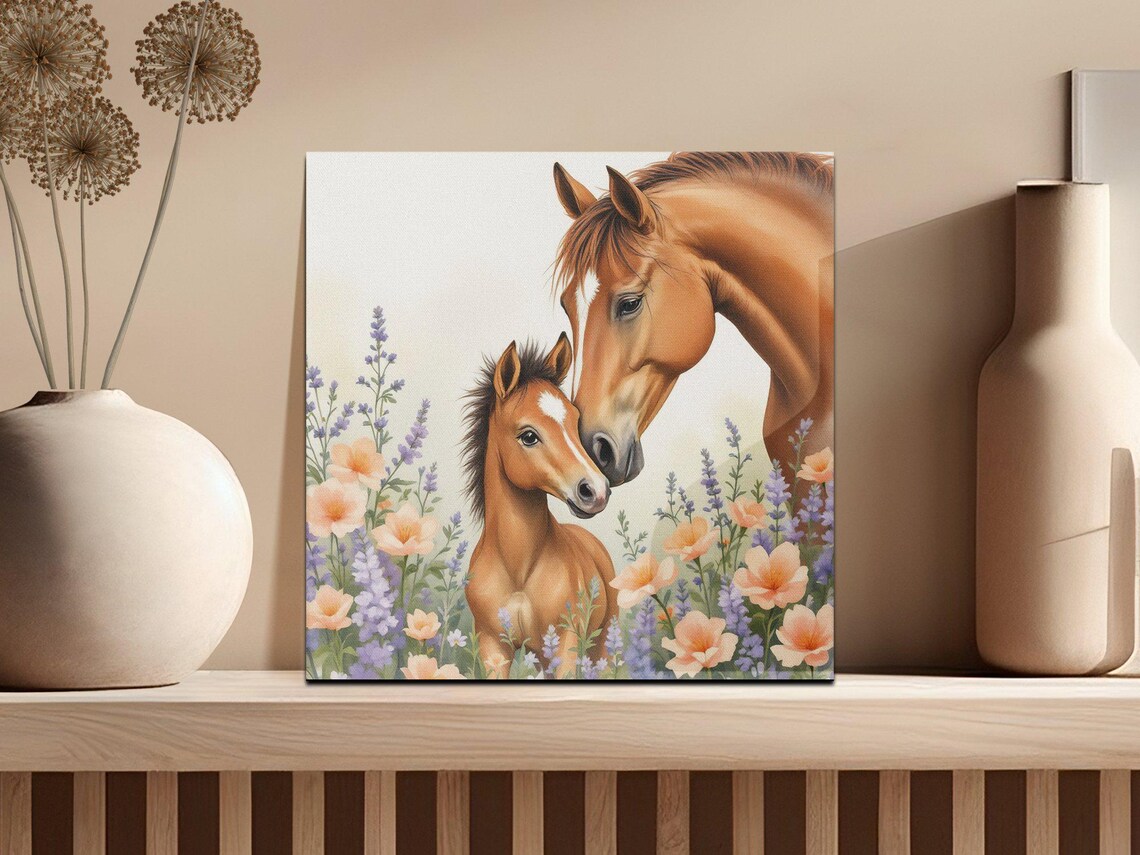 Horse and Foal in a Field of Wildflowers Watercolor Nursery Poster - Image 2