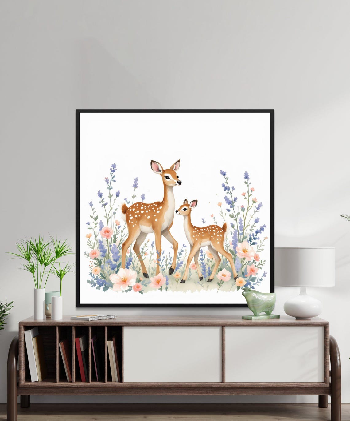 Deer and Fawn Walking Through Wildflowers Watercolor Nursery Poster
