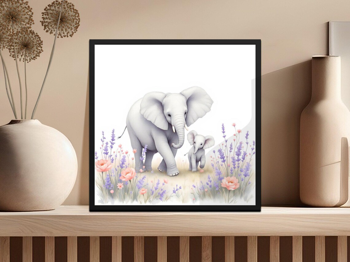 Beautiful Baby Elephant And Mother Wall Art Watercolour Animal Art Nursery Decor Png Baby Elephant Print Pastel Flower - Image 3