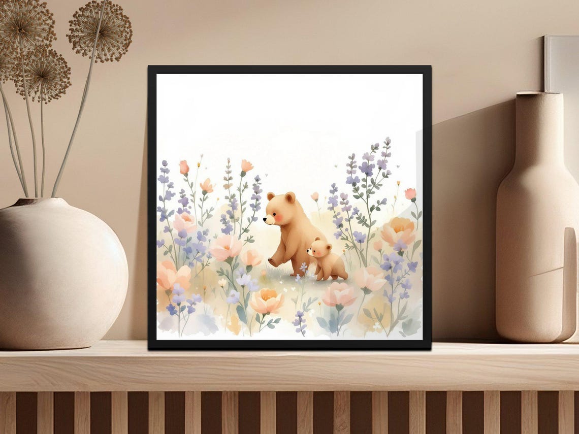Adorable Bear and Cub in a Flower Field Watercolor Nursery Poster - Image 3