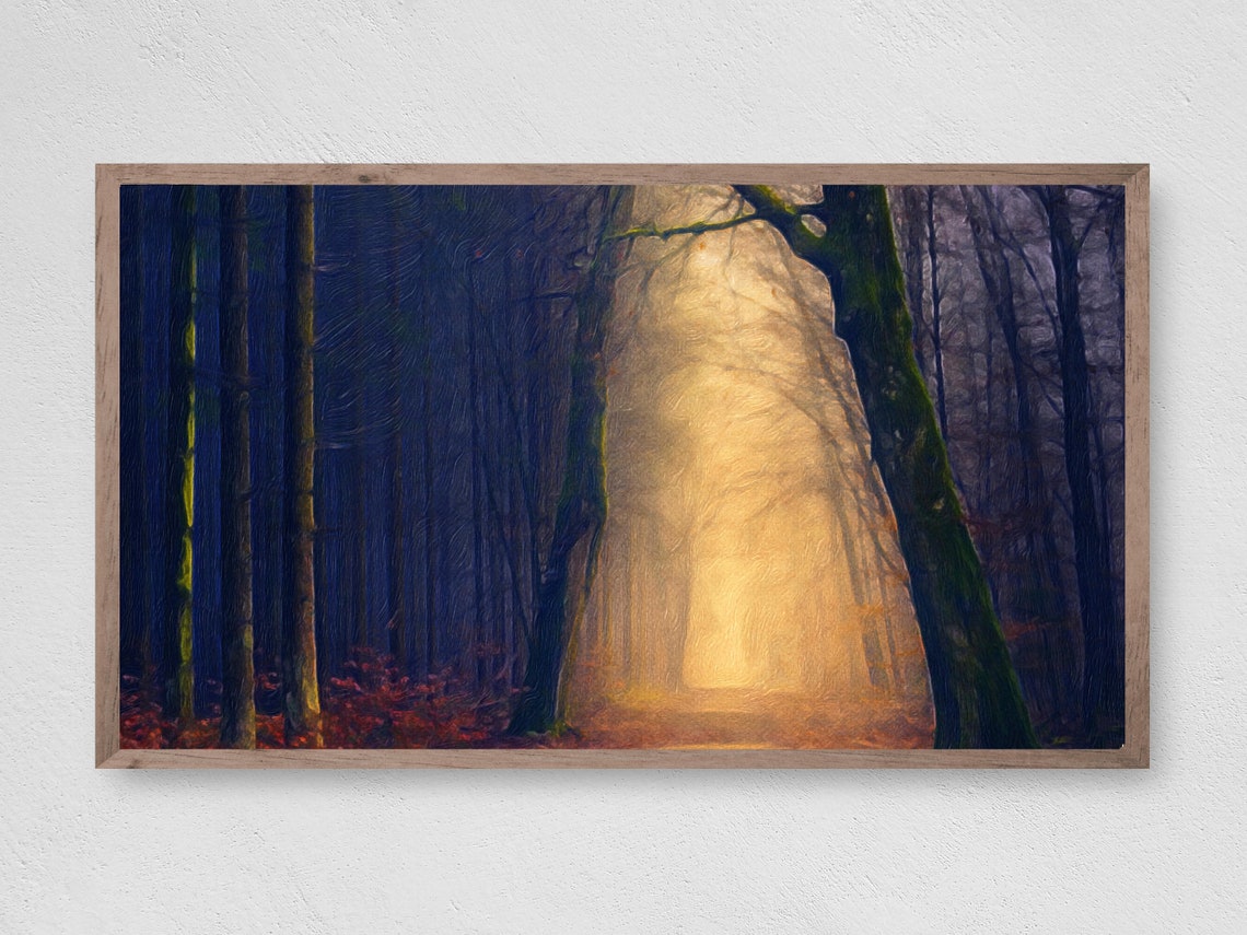 Dark Moody Forest Golden Light Through Mist Trees Wall Art Poster