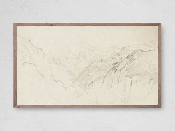 Vintage Mountain Sketch Art Print, Nature Landscape