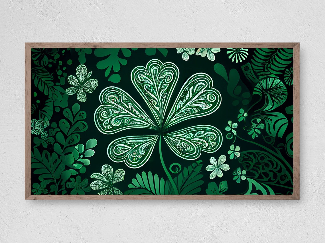 Ornate Green Four Leaf Clover Dark Botanical St Patrick Art Print