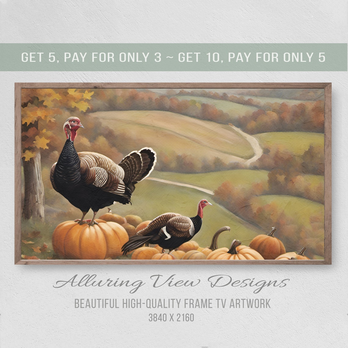 Turkeys In Autumn Field Pumpkin Thanksgiving Fall Decor Wall Art