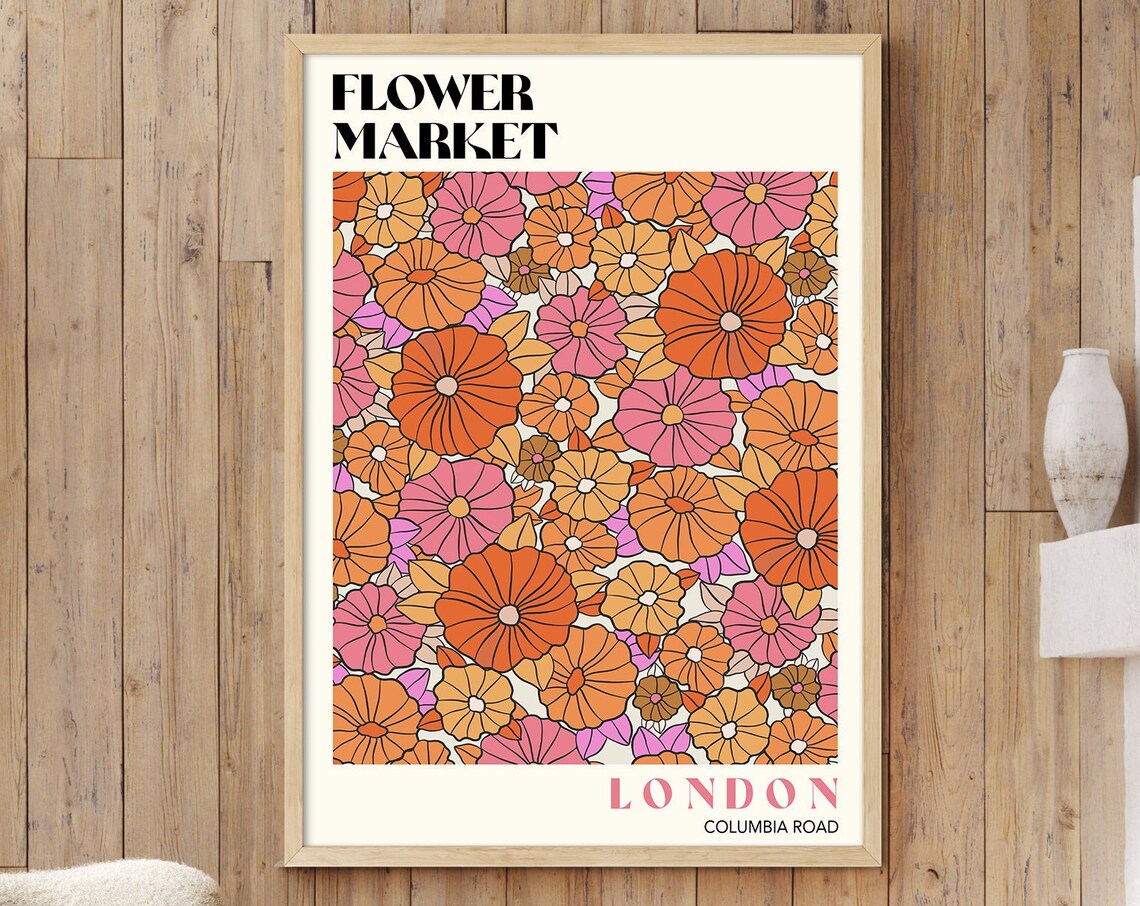 Flower Market London Retro Seventies Style Orange Floral Bloom Poster - Image 2