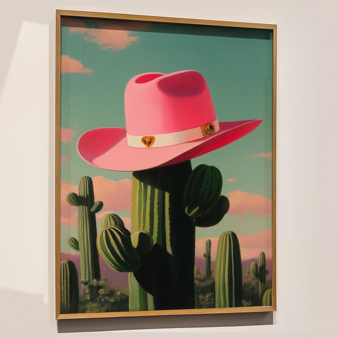 Pink Cowboy Hat Cactus Surreal Western Sunset Scene Boho Art Poster