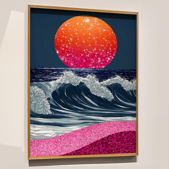 Glitter Sunset Ocean Waves Pink Glitter Sand Maximalist Art Print