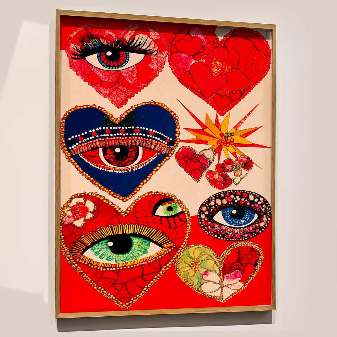 Surreal Bejeweled Heart Eye Collage Maximalist Red Art Poster