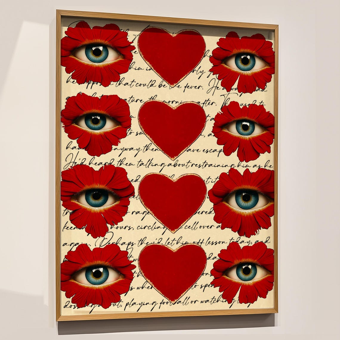 Surreal Red Heart Eye Flower Bloom Vintage Script Pattern Poster