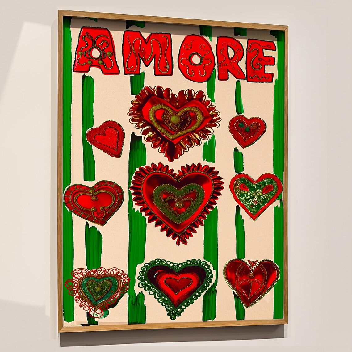 Amore Red Hearts Italian Typography Green Stripe Pop Art Print