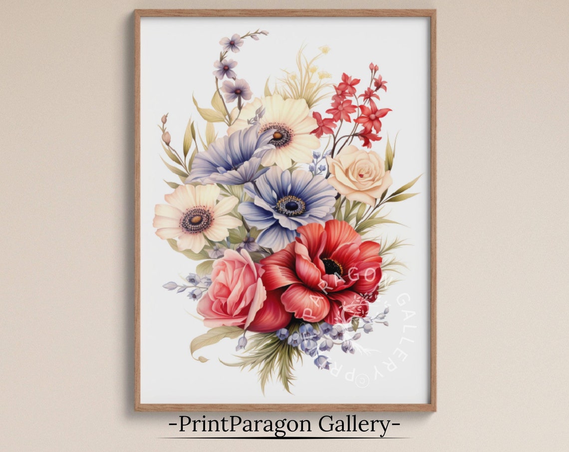 Colorful Anemone and Rose Bouquet Watercolor Botanical Poster
