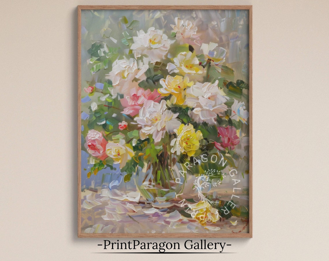 Spring Roses Bouquet in Glass Vase Impressionist Oil Painting Poster
