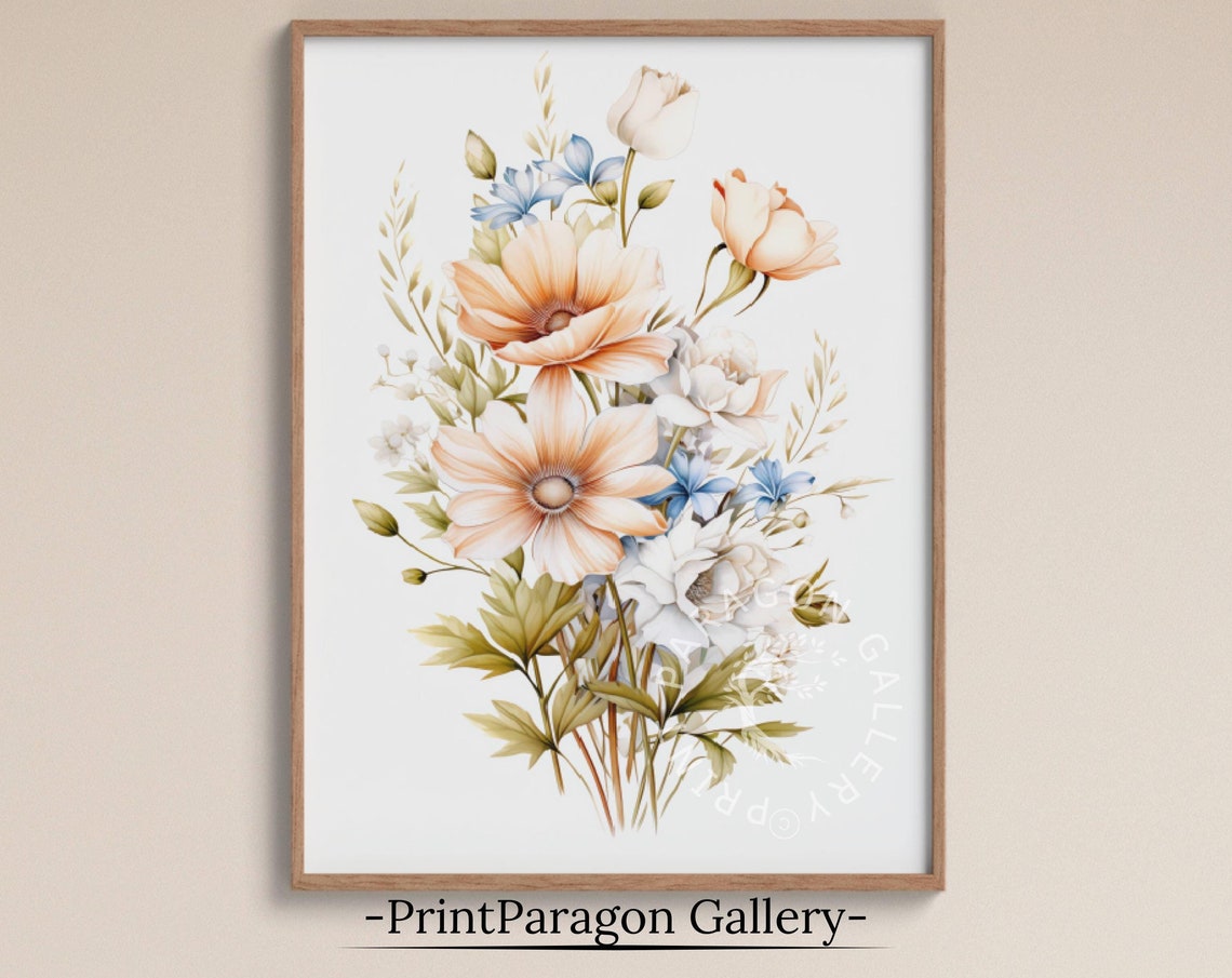 Peach Anemone Bouquet Soft Wildflower Watercolor Arrangement Poster
